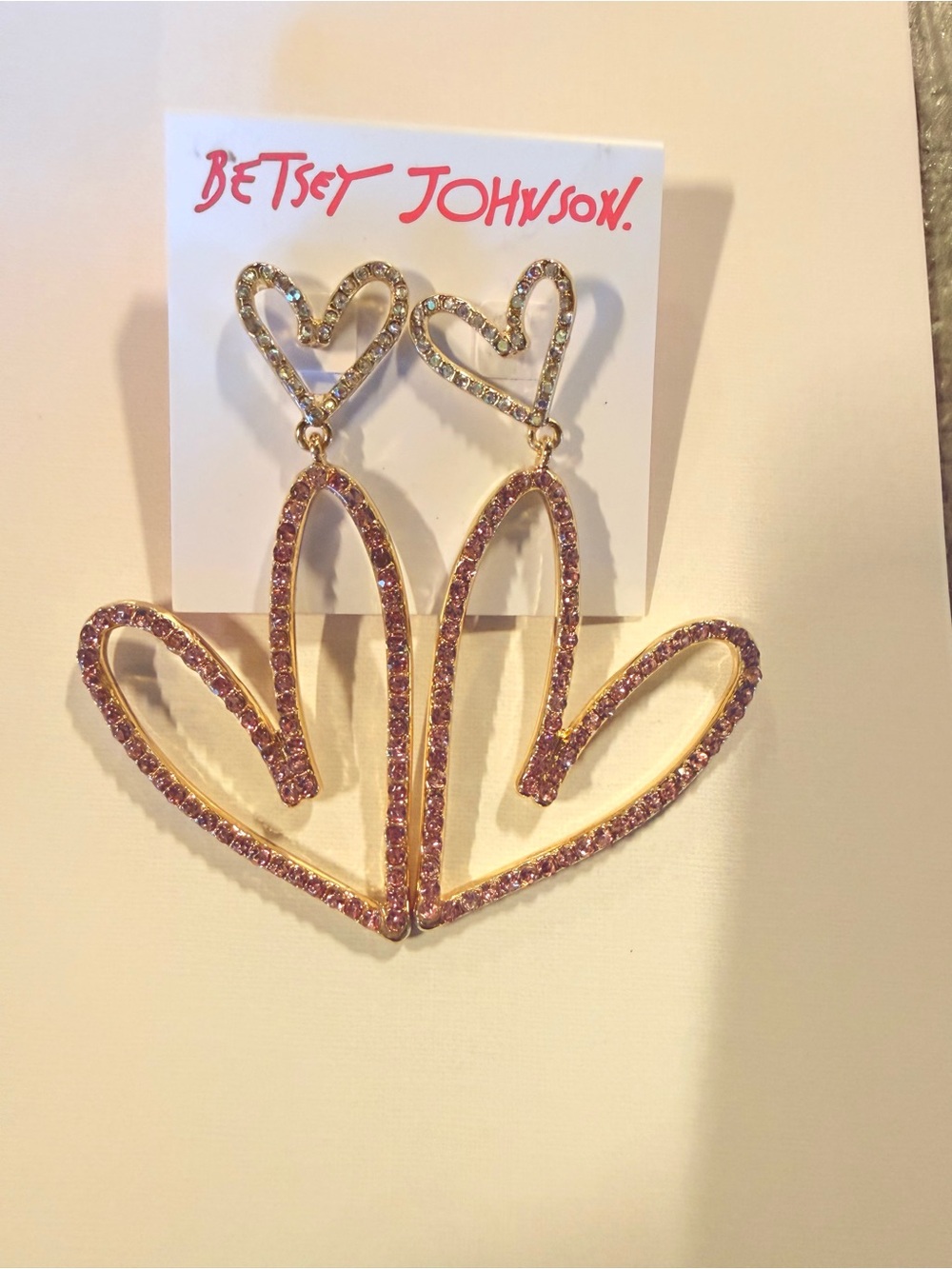 Betsey Johnson Gold-Tone Pink Crystal Heart Cascade Earrings